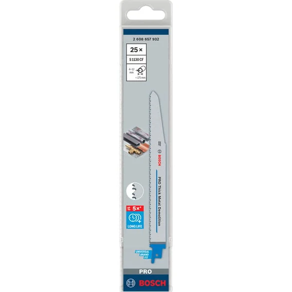 Bosch Professional PRO Thick Metal Demolition Säbelsägeblatt S 1130 CF, 25 Stück (Länge 225mm)