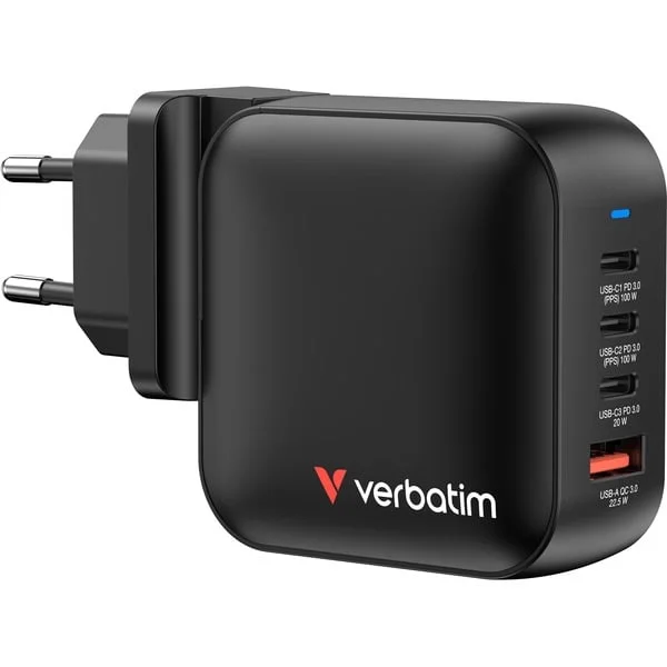 Verbatim Mini-GaN-Ladegerät 100W 4-Port, 1x USB-A , 3x USB-C (schwarz, PD 3.0, QC 3.0)