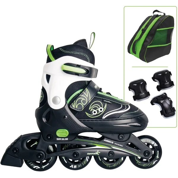 Muuwmi Verstellbare Kinderinliner Gr. 33-36, Inline-Skates (grün/schwarz, inkl. Protektoren-Set Gr. S)
