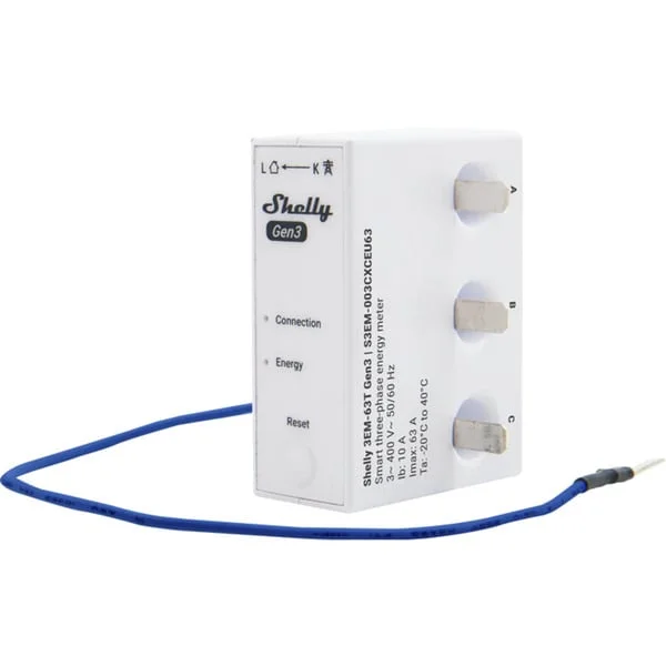 Shelly 3EM-63T Gen3, Modell mit flachem Terminal, 0%, Messgerät (weiß, 0% MWST, Energiemessung für PV-Anlagen)