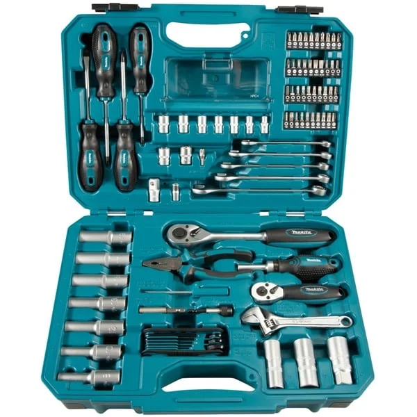 Makita Handwerkzeug-Set E-08458, 87-teilig (blau, mit 2 Umschaltknarren, 1/2", 1/4" und 3/8", Koffer)