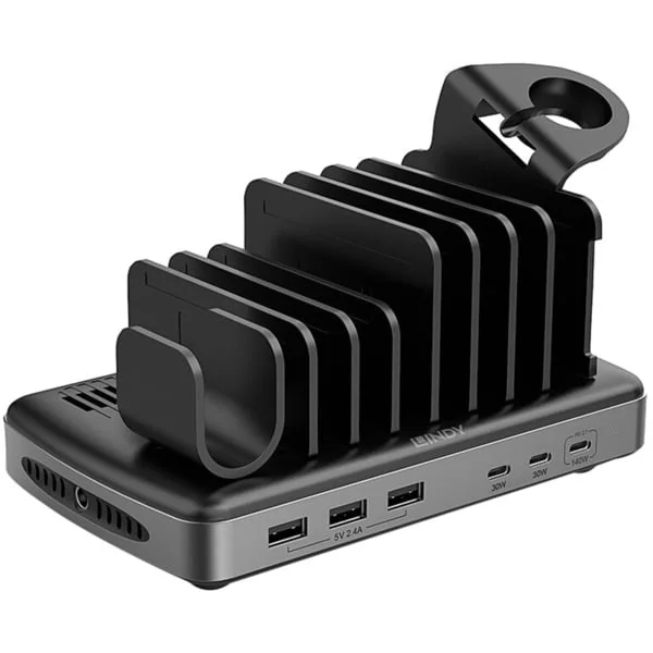 Lindy 160W 6 Port USB-Ladestation, 3x USB-A + 3x USB-C (schwarz/grau, PD 3.0, QC 3.0/4.0, Samsung AFC, gleichzeitiges Laden von 6 Tablets / Smartphones)