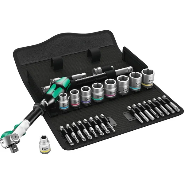Wera 8100 SB 9 Zyklop Speed-Knarrensatz, zöllig, 3/8", Werkzeug-Set (schwarz/grün, 29-teilig, Speed-Knarre mit schwenkbarem Kopf)