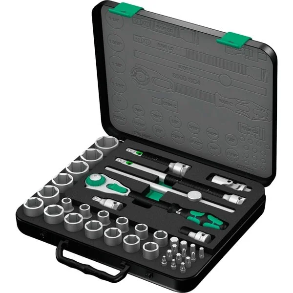 Wera 8100 SC 4 Zyklop Speed-Knarrensatz, zöllig, 1/2", Werkzeug-Set (schwarz/grün, 38-teilig, Speed-Knarre mit schwenkbarem Kopf)