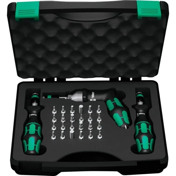 Wera 7440/41/42 Kraftform Drehmomentschraubendreher-Satz 0,3-6,0Nm (schwarz/grün, 27-teilig, mit Rapidaptor Schnellwechselfutter)