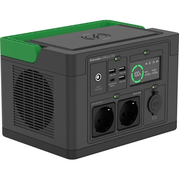 APC Schneider tragbare OffGrid Powerstation 330 (schwarz/grün, Lithium-Ionen Akku 332Wh, 2x 230V 300W, 3x USB-A, 1x USB-C PD 60W)