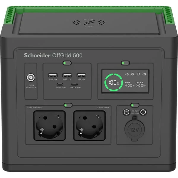 APC Schneider tragbare OffGrid Powerstation 500 (schwarz/grün, Lithium-Ionen Akku 517Wh, 2x 230V 500W, 3x USB-A, 2x USB-C PD)