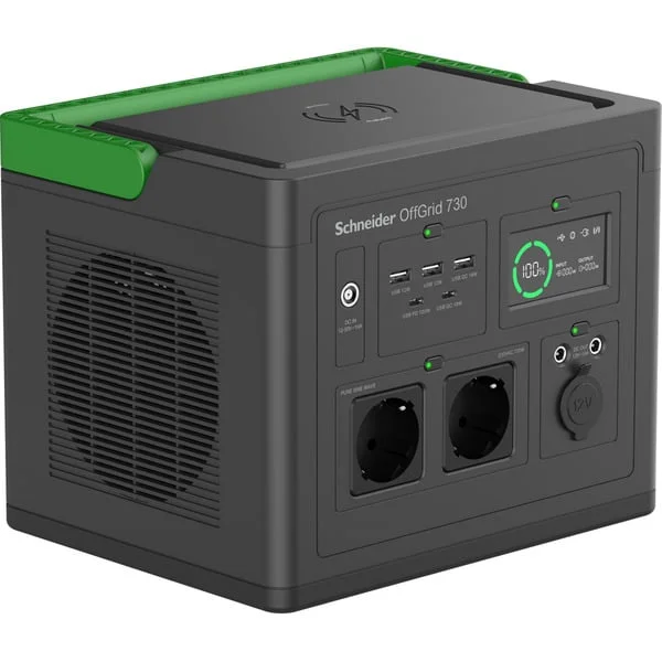 APC Schneider tragbare OffGrid Powerstation 730 (schwarz/grün, Lithium-Ionen Akku 738Wh, 2x 230V 700W, 3x USB-A QC, 2x USB-C PD)