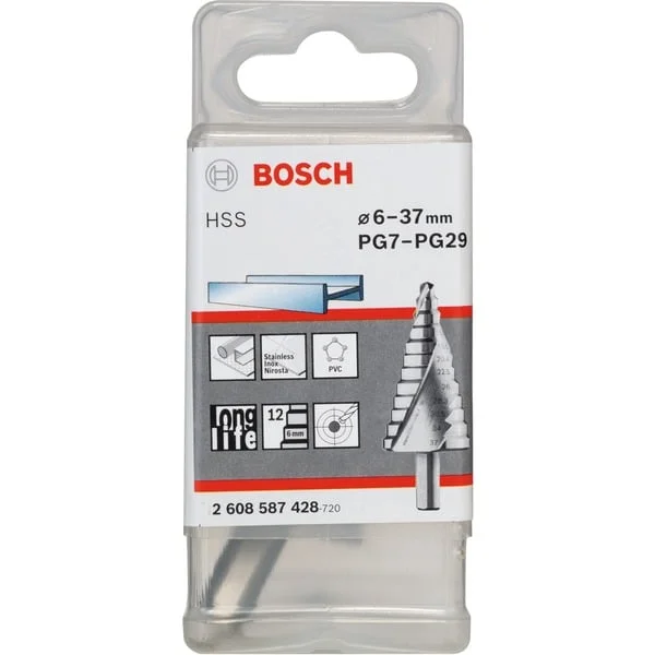 Bosch Professional HSS-Stufenbohrer, Ø 6mm - Ø 37mm, PG7 - PG29 (12 Stufen, mit Spiralnut)