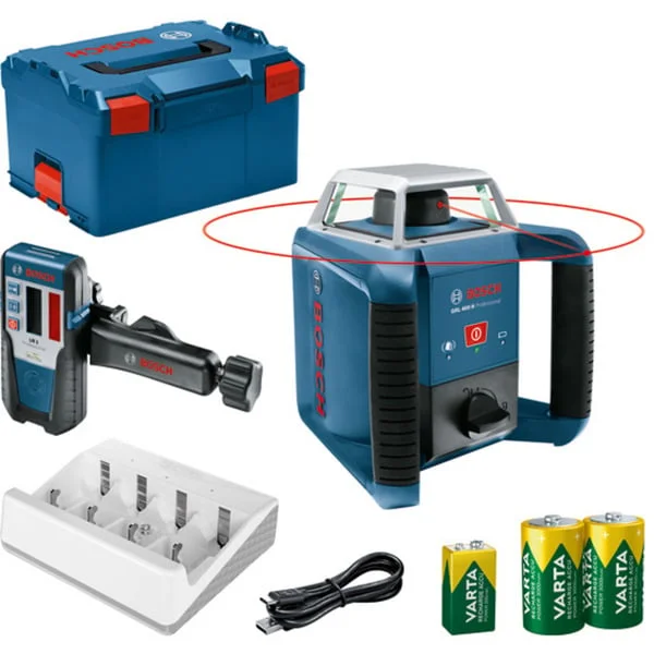 Bosch Professional Rotationslaser GRL 400 H Professional (blau/schwarz, rote Laserlinie, mit Laser-Empfänger LR 1, VARTA Ladegerät + Akkus, in L-BOXX)