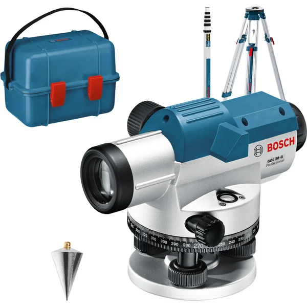 Bosch Professional Optisches Nivelliergerät GOL 20 G Professional, mit Baustativ + Messstab (blau, Koffer, Maßeinheit 400 Gon)