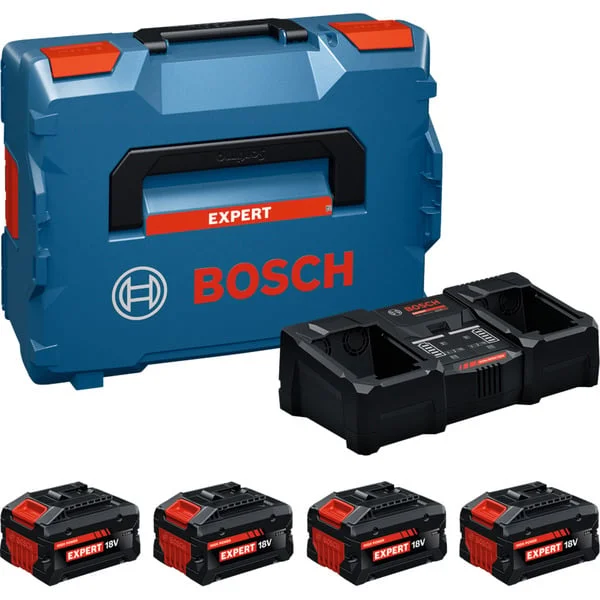 Bosch Professional EXPERT Starter-Set 18V, 2x EXBA 18V-80/-55 + Ladegerät EXAL18V2-320 (schwarz, 2x Li-Ionen Akku 5,5Ah, 2x Li-Ionen Akku 8Ah, L-BOXX, AMPShare Alliance)