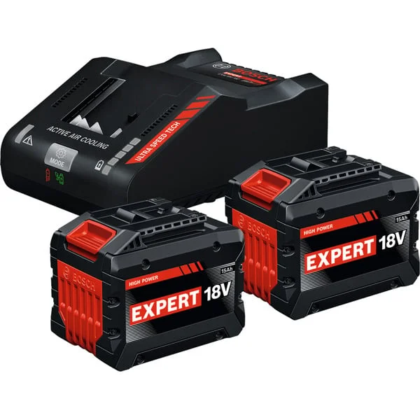 Bosch Professional EXPERT Starter-Set 18V, 2x EXBA 18V-150 + Ladegerät EXAL18V-160 (schwarz, 2x Li-Ionen Akku 15Ah, AMPShare Alliance)