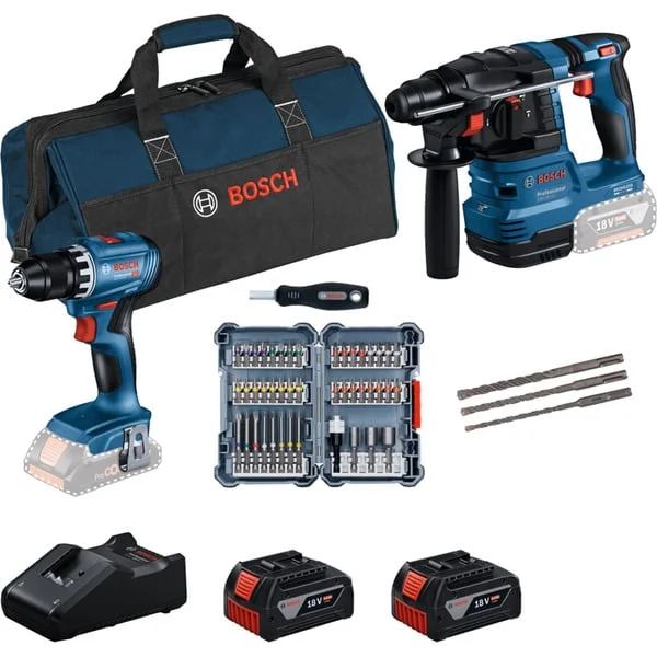 Bosch Professional 18V Profi-Set Bohrhammer GBH 18V-22 + Bohrschrauber GSR 18V-45 (blau/schwarz, 2x Li-Ionen Akku 4,0Ah, Hammerbohrer- und Bit-Set, Werkzeugtasche)