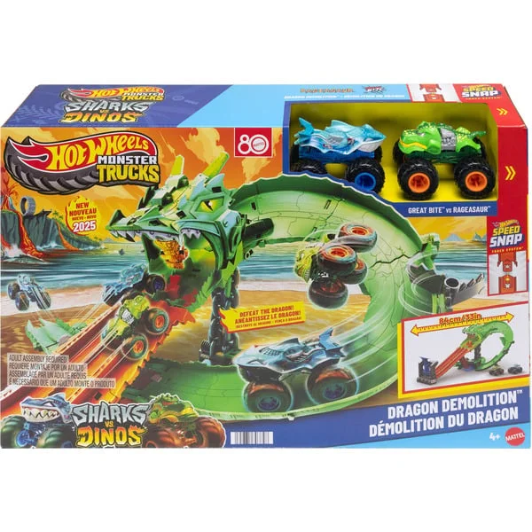 Hot Wheels Monster Trucks Sharks vs. Dinos Drachenzerstörungs-Spielset, Rennbahn