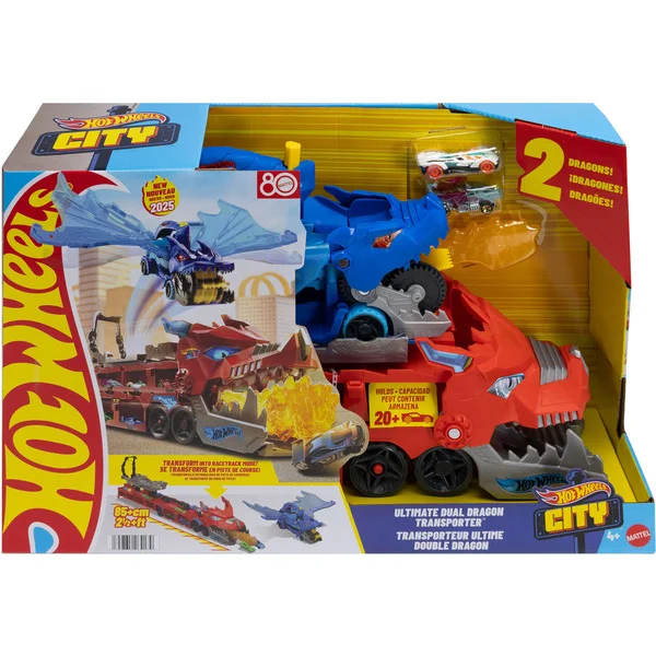 Hot Wheels City Ultimativer 2-in-1 Drachen Transporter, Spielfahrzeug