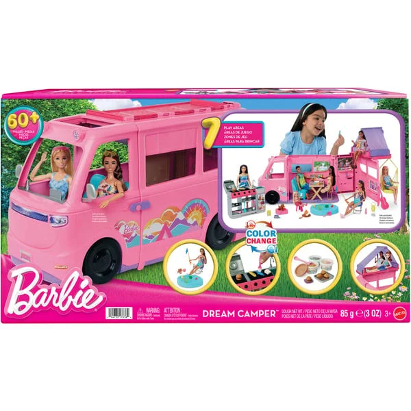 Mattel Barbie Super Abenteuer-Camper Spielset, Spielfahrzeug (mit Dachzelt, Grill mit Farbwechseleffekt und 60 Zubehörteilen)