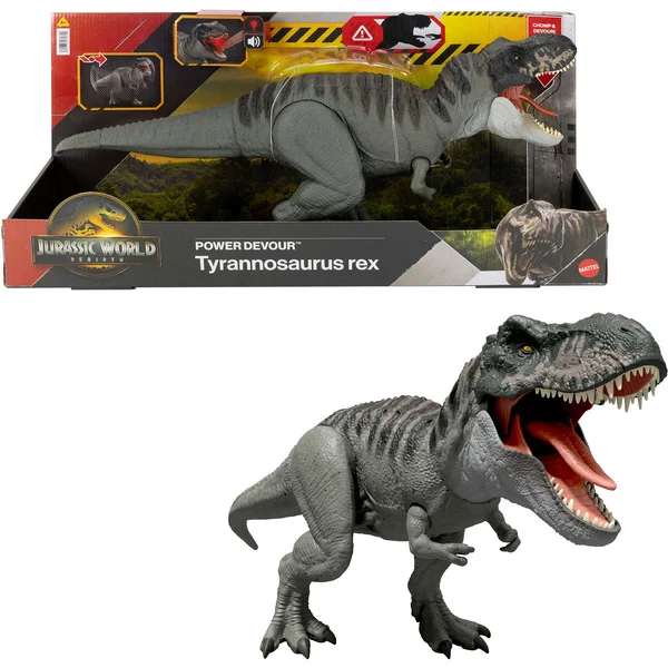 Mattel Jurassic World Rebirth Power Devour Tyrannosaurus Rex, Spielfigur (mit Lichtern und Geräuschen)