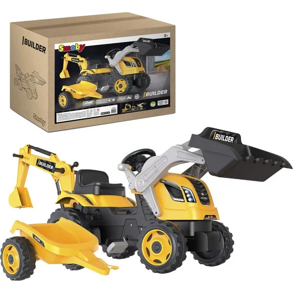Smoby Traktor Builder Max mit Anhänger, Kinderfahrzeug (gelb)
