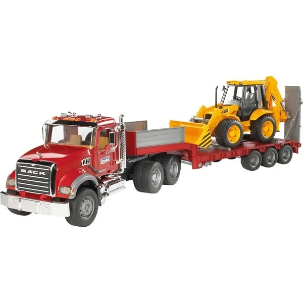 bruder 02813 MACK Granite Tieflader und JCB 4CX Baggerlader, Modellfahrzeug (rot)