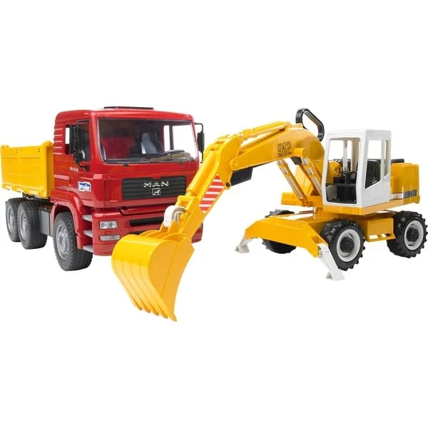bruder 02751 MAN TGA Kipp-LKW, Modellfahrzeug (rot/gelb, mit Liebherr Schaufelbagger)