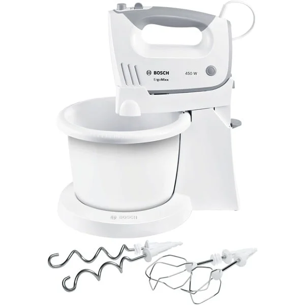 Bosch Home Handmixer ErgoMixx standn'bowl MFQ36460 (weiß/grau, 450 Watt, mit Schüssel und Geräteständer)