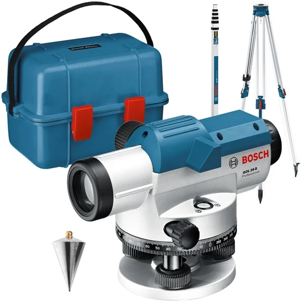 Bosch Professional Optisches Nivelliergerät GOL 26 D Professional, mit Baustativ (blau, Koffer, Maßeinheit 360 Grad)
