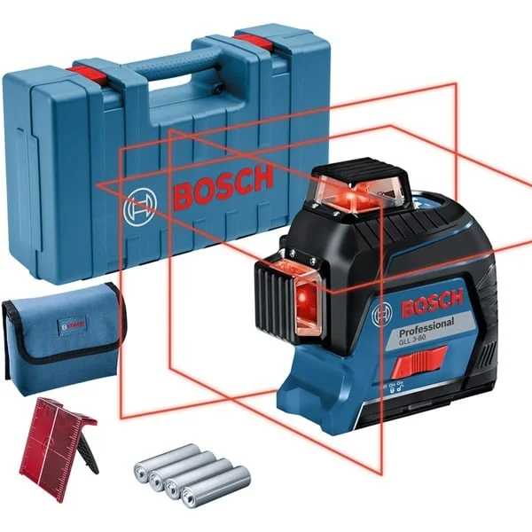 Bosch Professional Linienlaser GLL 3-80 Professional, Kreuzlinienlaser (blau/schwarz, Koffer, rote Laserlinien)