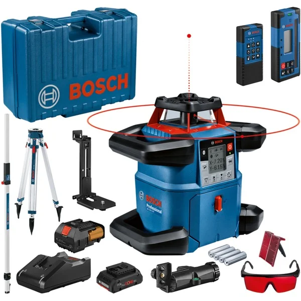 Bosch Professional Akku-Rotationslaser GRL 600 CHV Professional, 18Volt, mit Baustativ (blau, Akku ProCORE18V 4,0Ah, Koffer, rote Laserlinie)