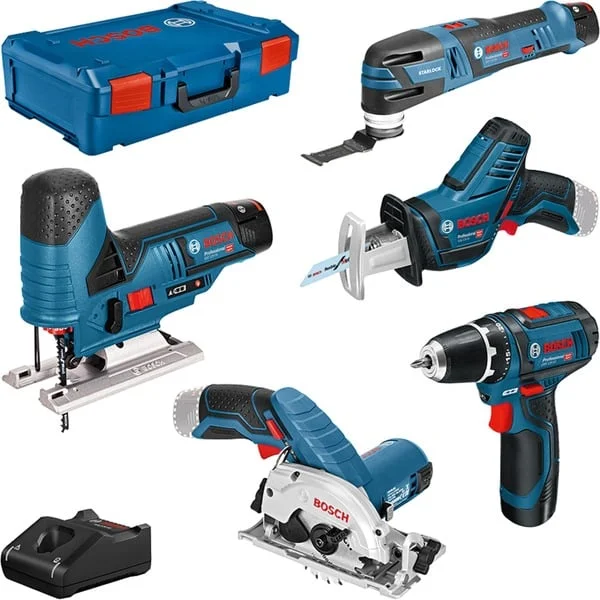 Bosch Professional 5-teiliges 12Volt-Werkzeug-Set, GSR + GOP + GKS + GSA + GST (blau, 3x Li-Ionen Akku 3,0Ah, XL-BOXX)