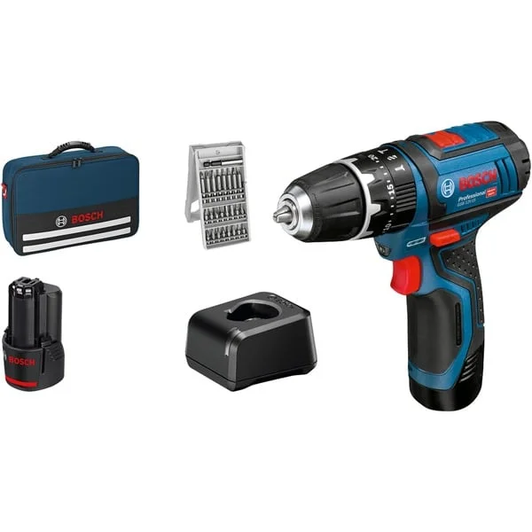 Bosch Professional Akku-Schlagbohrschrauber GSB 12V-15 Professional, 12 Volt (blau/schwarz, 2x Li-Ionen Akku 2,0Ah, 25 Bits)