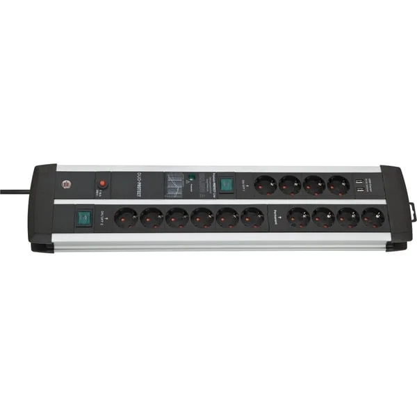 Brennenstuhl Premium-Protect-Line Steckdosenleiste 14-fach Duo (schwarz/silber, 3 Meter, 120.000A Überspannungsschutz, 2x USB)