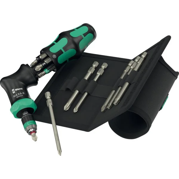 Wera Kraftform Kompakt Pistol RA-R 2, Bit-Satz (schwarz/grün, 13-teilig, 1/4", mit Ratschenfunktion und Rapidaptor Schnellwechselfutter)