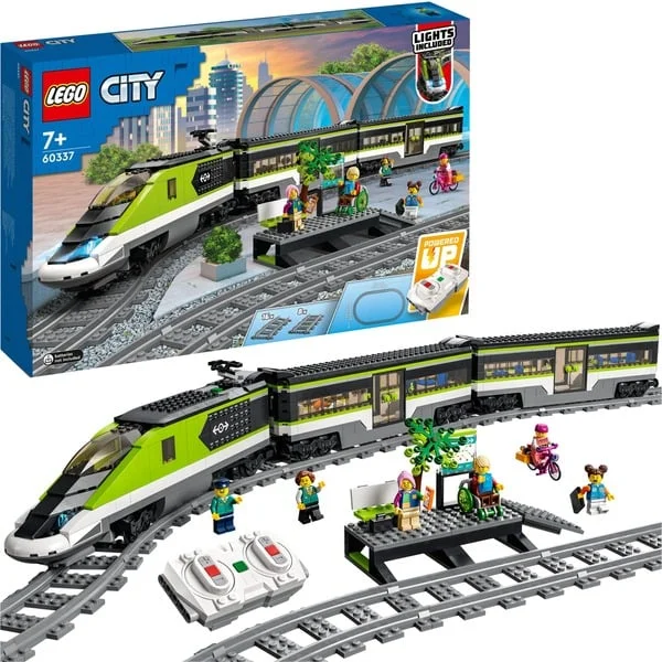 LEGO 60337 City Personen-Schnellzug, Konstruktionsspielzeug (Set mit ferngesteuertem Zug mit Scheinwerfern, 2 Wagen und 24 Schienen-Elementen)