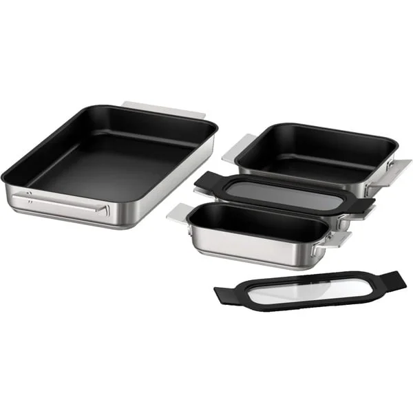Bosch Home Pro Induction Flex Pfannen-Set HEZ9FF040, 4-teilig (edelstahl/schwarz, 1x groß, 1x medium, 2x klein mit Glasdeckel)