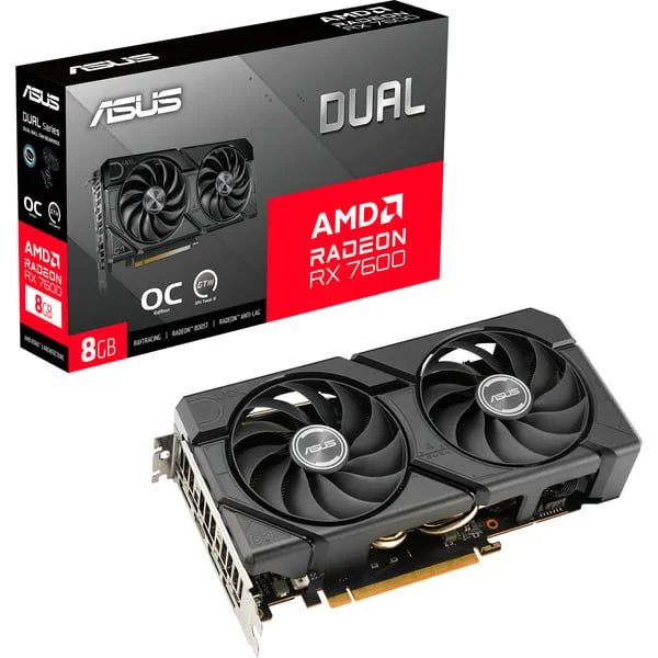 ASUS Radeon RX 7600 DUAL EVO OC, Grafikkarte (schwarz, RDNA 3, GDDR6, 3x DisplayPort, 1x HDMI 2.1)