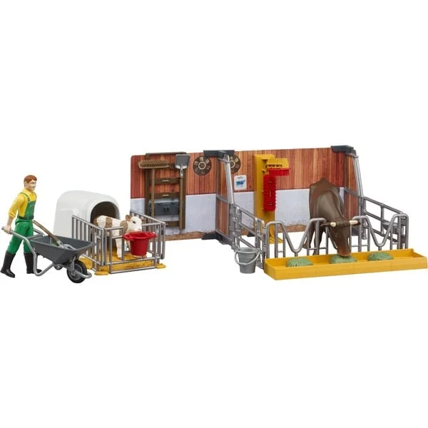 bruder 62611 bworld Kuh- und Kälberstall mit Landwirt, Kulisse (mehrfarbig)