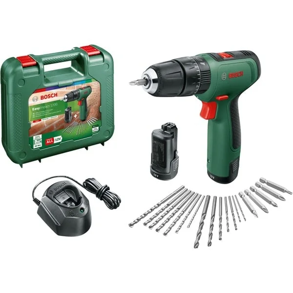 Bosch Heimwerken & Garten Akku-Schlagbohrschrauber EasyImpact 1200 + Bit- und Bohrer-Set (grün/schwarz, 2x Li-Ionen Akku 1,5Ah, Koffer)