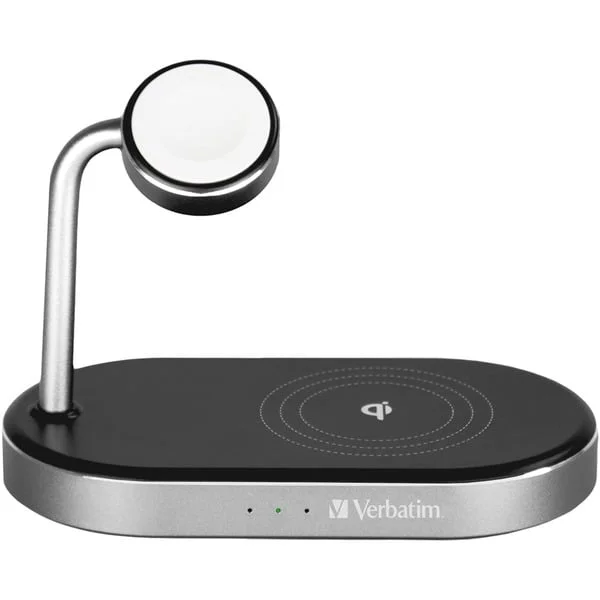 Verbatim Wireless 3-in-1 Ladeständer WCS-02, Qi, MFi, Ladestation (schwarz/aluminium, für Apple Watch, iPhone u.a.)