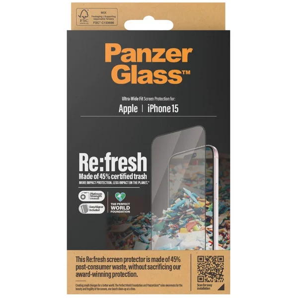 PanzerGlass Re:fresh Displayschutz, Schutzfolie (transparent/schwarz, iPhone 15, Ultra-Wide Fit, EasyAligner)
