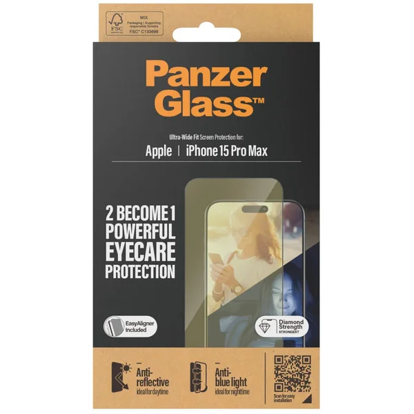 PanzerGlass EyeCare Displayschutz Ultra-Wide Fit, Schutzfolie (transparent, iPhone 15 Pro Max, EasyAligner)