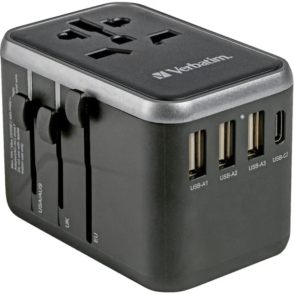 Verbatim Universal-Reiseadapter UTA-04, Reisestecker (schwarz/silber, 3x USB-A, 2x USB-C)