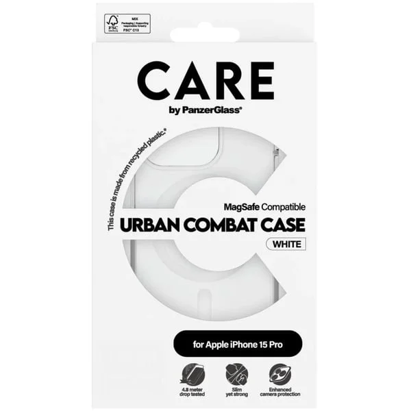 PanzerGlass Urban Combat Case, Handyhülle (transparent/weiß, iPhone 15 Pro, MagSafe)
