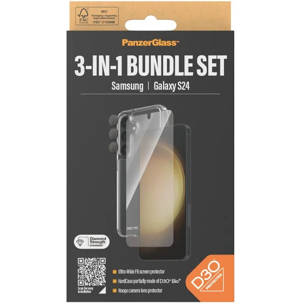 PanzerGlass 3-in-1 Schutz Set (transparent, Samsung Galaxy S24, EasyAligner)