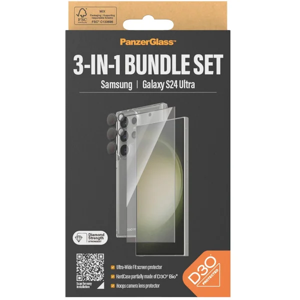 PanzerGlass 3-in-1 Schutz Set (transparent/schwarz, Samsung Galaxy S24 Ultra, EasyAligner)