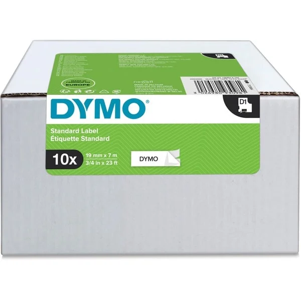Dymo D1 ORIGINAL Schriftband VORTEILSPACK, schwarz auf weiß, 19mm x 7m (10 Stück, Art.-Nr. 2093098)