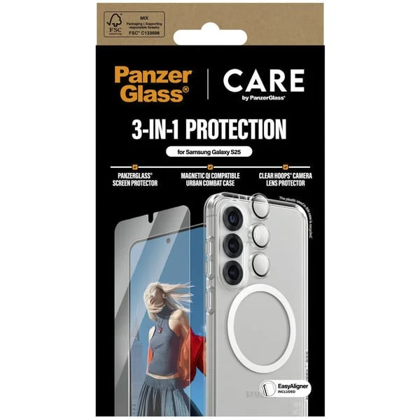 PanzerGlass Flagship 3-in-1 Set (transparent/weiß, Samsung Galaxy S25, QI-kompatibel, EasyAligner)