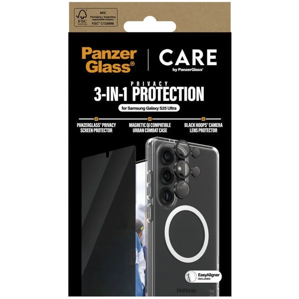 PanzerGlass Flagship 3-in-1 Privacy Set (transparent/weiß, Samsung Galaxy S25 Ultra, QI-kompatibel, EasyAligner)