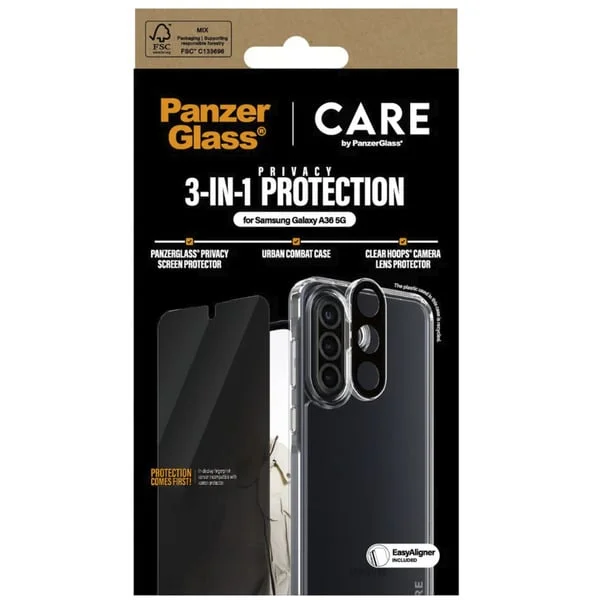 PanzerGlass Flagship 3-in-1 Privacy Set (transparent/weiß, Samsung Galaxy A36 5G, QI-kompatibel, EasyAligner)