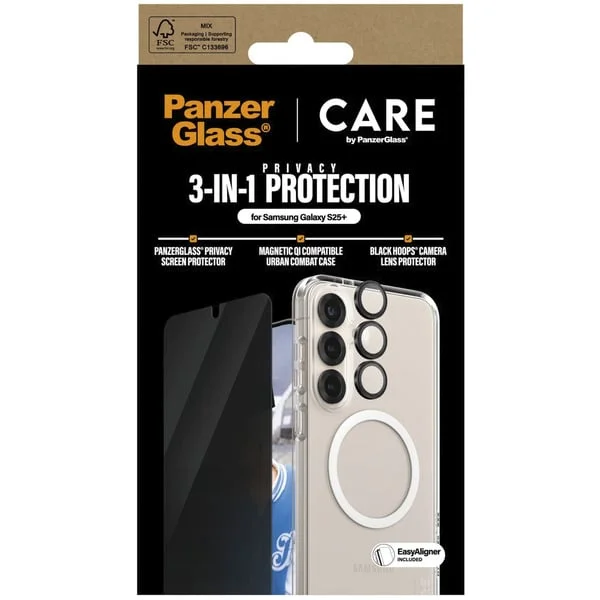 PanzerGlass Flagship 3-in-1 Privacy Set (transparent/weiß, Samsung Galaxy S25+, QI-kompatibel, EasyAligner)